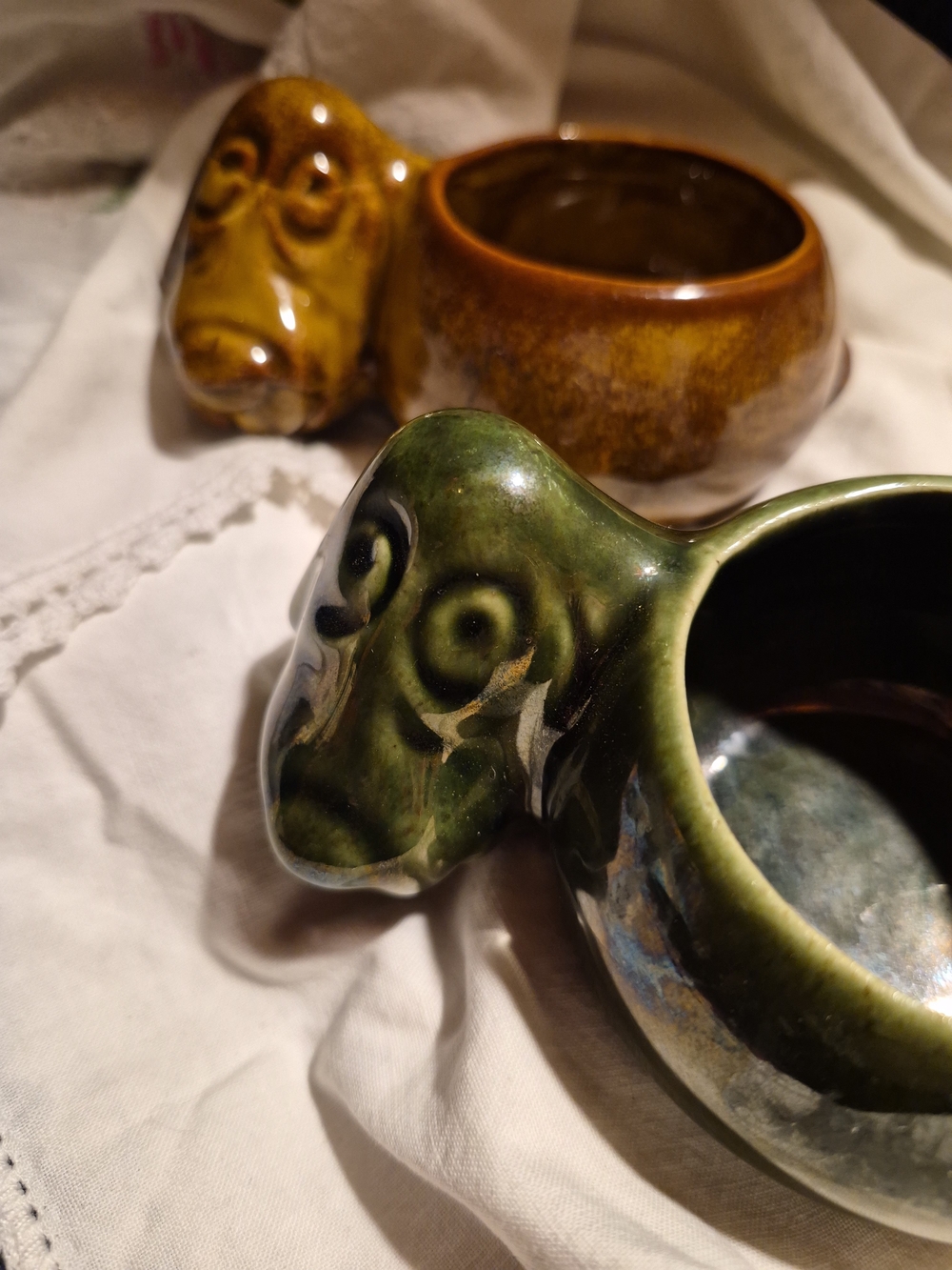 Mccoy Ceramic Dog Planter Bowl in Green and Brown Glazes
